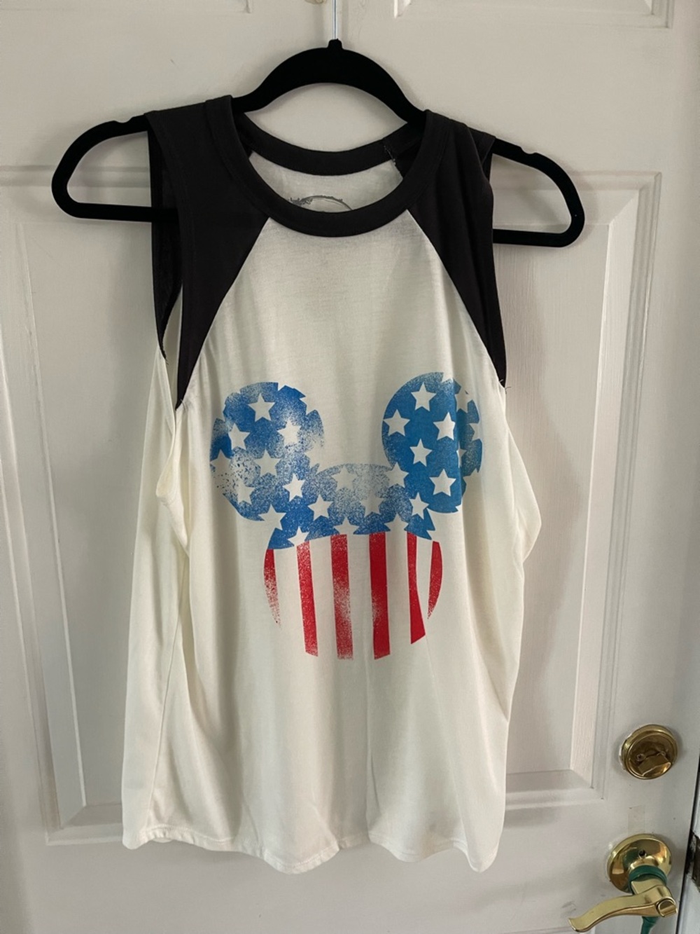 Disney White Tank Top with Black Panels and Red & Blue Mickey Flag Print